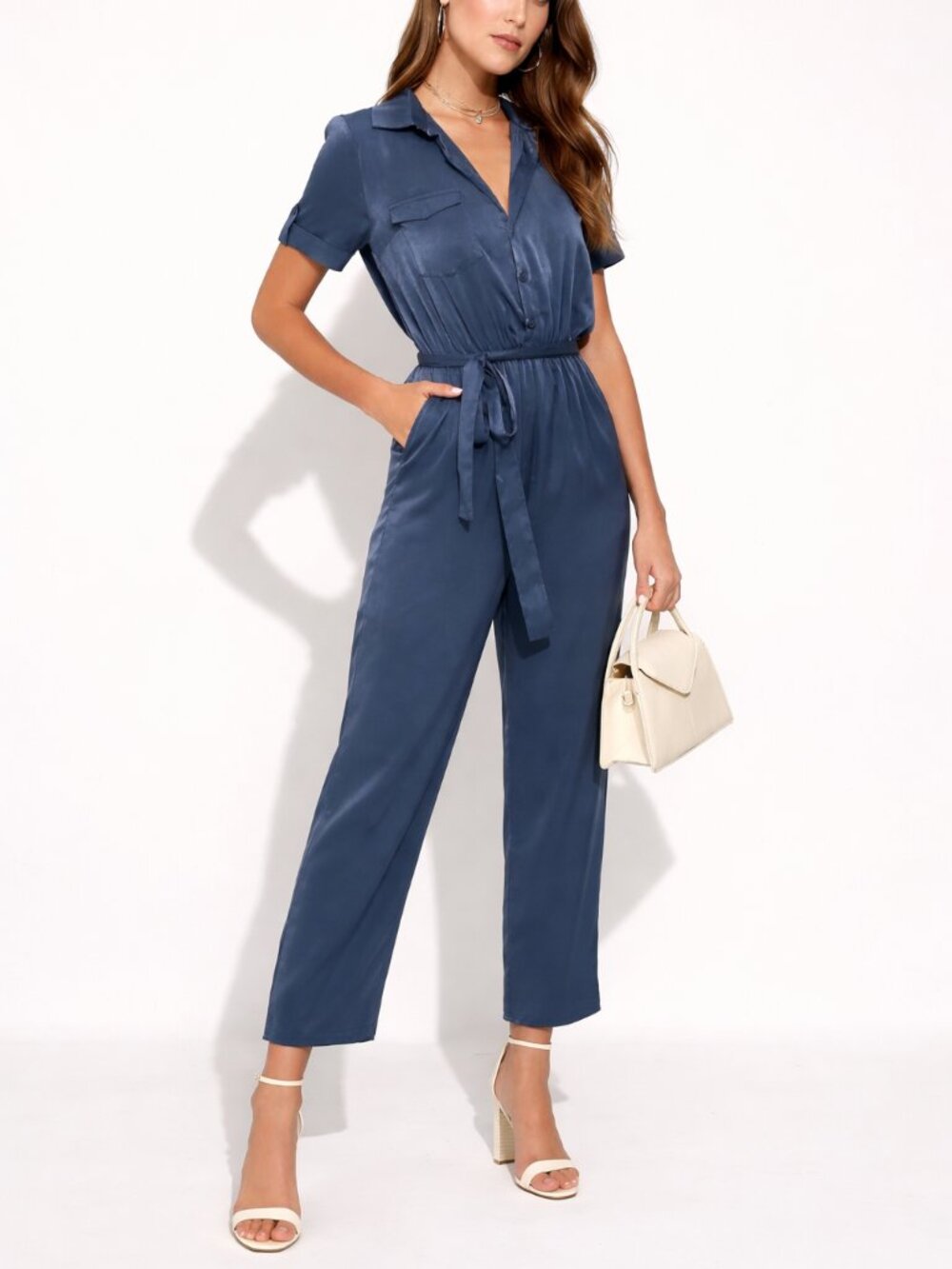 Lulus Jacintha Satin Navy Blue Short Sleeve Jumpsuit w/ Pockets XS